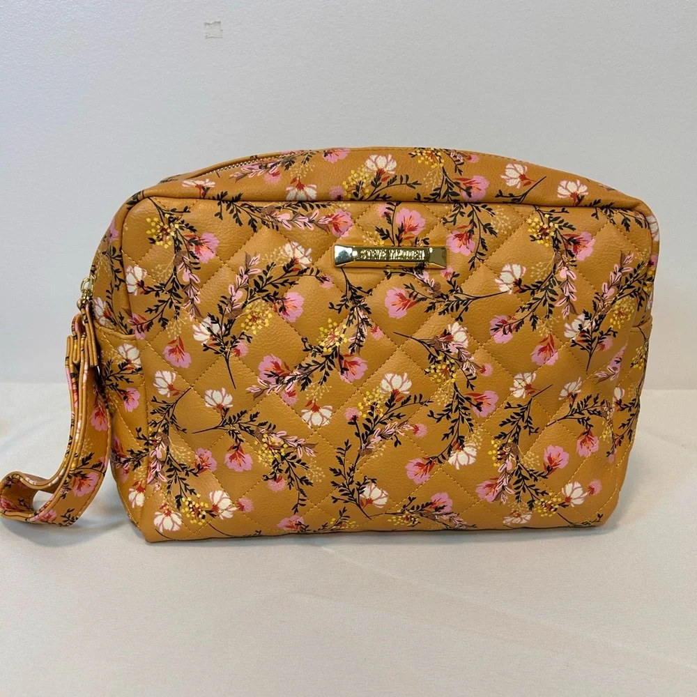 Steve Madden Floral Travel Bag Purse Double Zipper Side Handle Yellow 9'' x 10'' - Picture 2 of 12